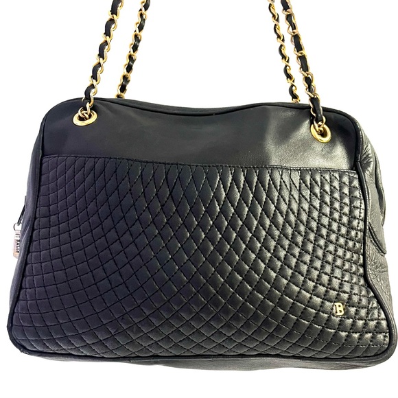 Bally Black Leather Quilted Chain Shoulder Bag Vintage Italy